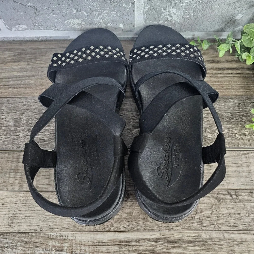Skechers Rumblers Solar Burst Black Wedge Sandals‎ Women 10 Rhinestone Strappy